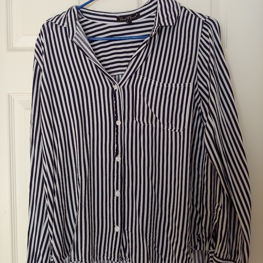Navy blue and white striped button down